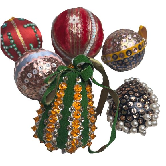 Vintage Christmas Ornaments Handmade Sequin Embellished Push Pin Lot of 6